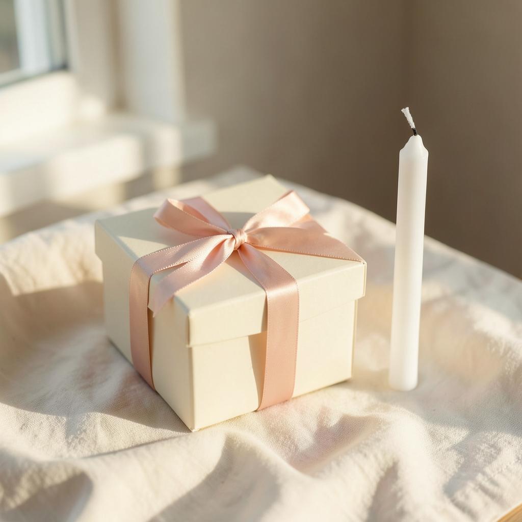 Slim candle resting beside a ribbon-tied dessert box