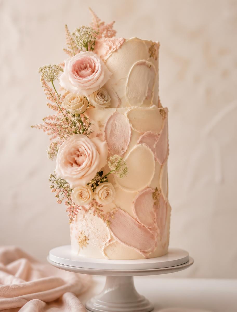 Tall custom cake with textured buttercream and fresh flowers