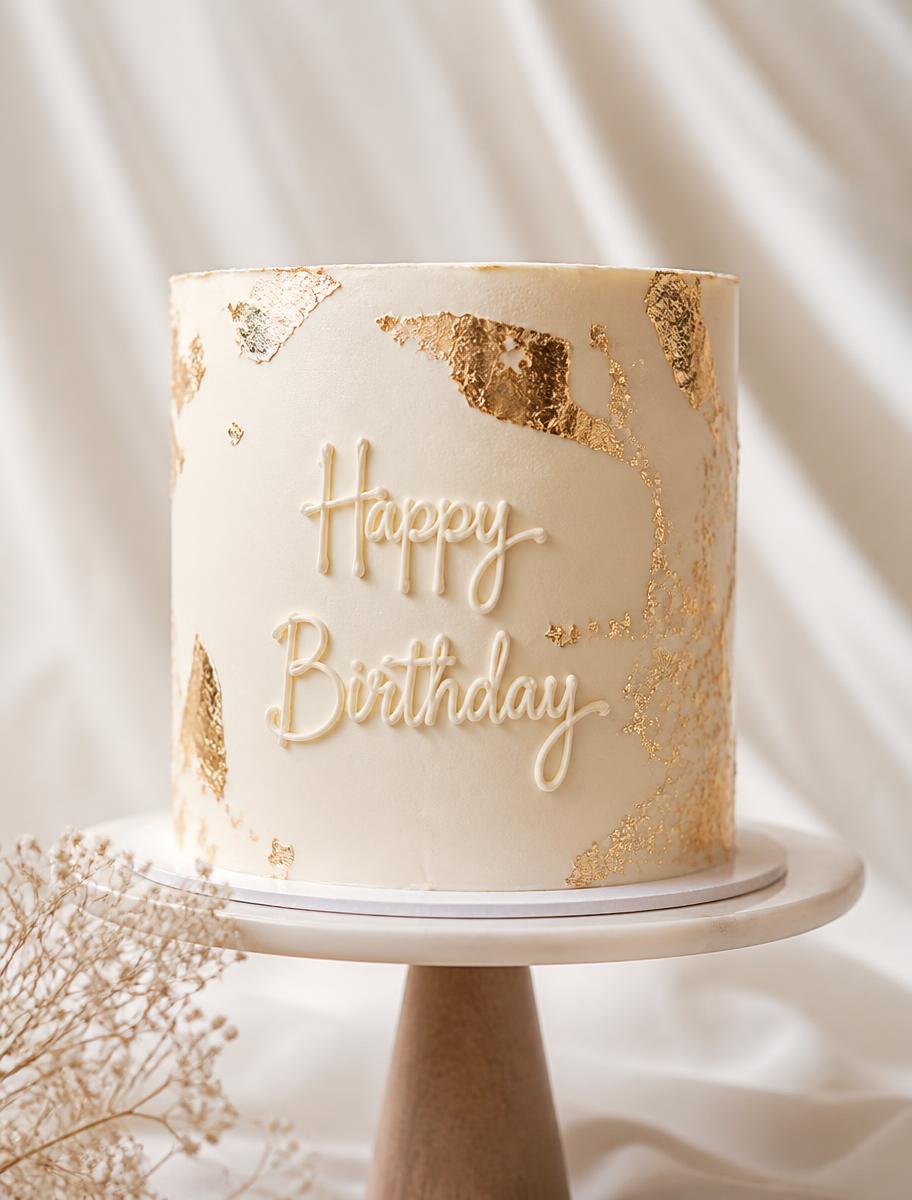 Minimal custom birthday cake with gold leaf